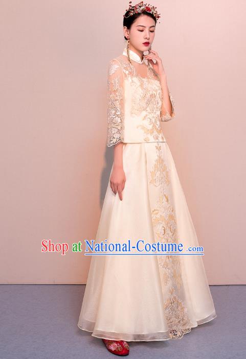 Chinese Traditional Wedding Dress Ancient Bride Embroidered Champagne Xiuhe Suits for Women