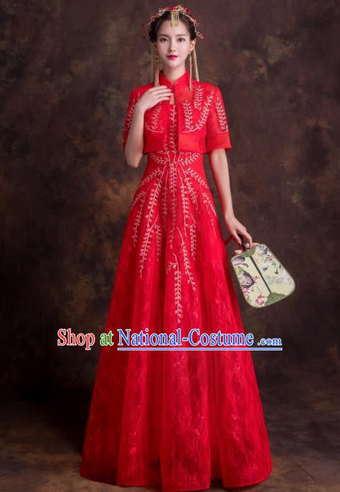 Chinese Traditional Bride Embroidered Xiuhe Suits Ancient Red Wedding Dress for Women