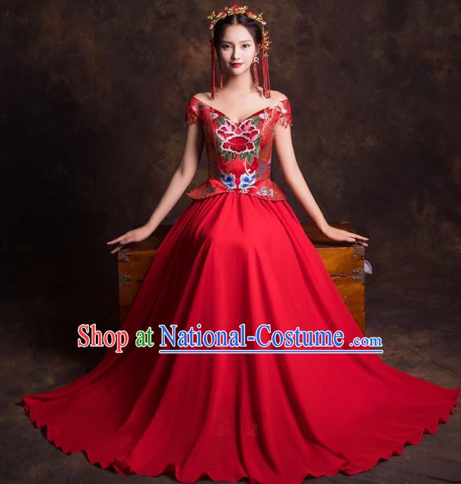 Chinese Traditional Embroidered Red Dress Ancient Wedding Dress for Women