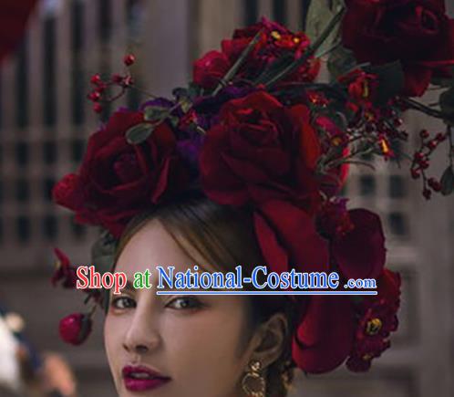 Top Grade Halloween Hair Accessories Baroque Catwalks Red Flowers Headdress for Women