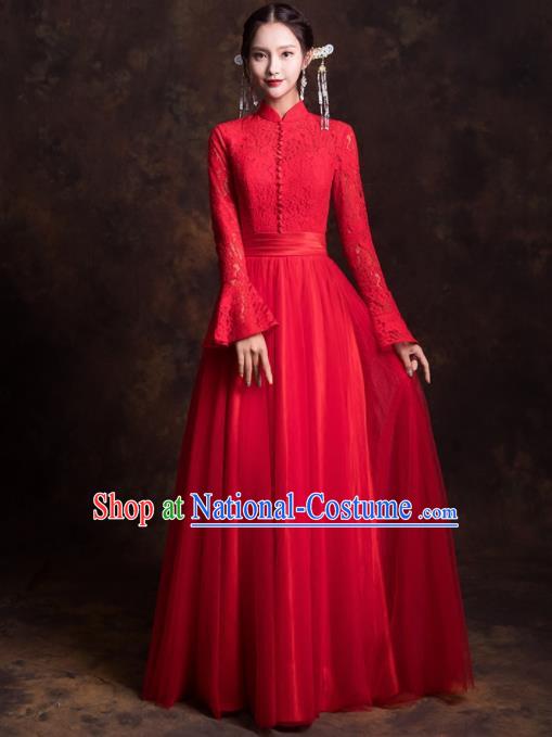 Chinese Traditional Red Lace Xiuhe Suits Ancient Embroidered Wedding Dress for Women