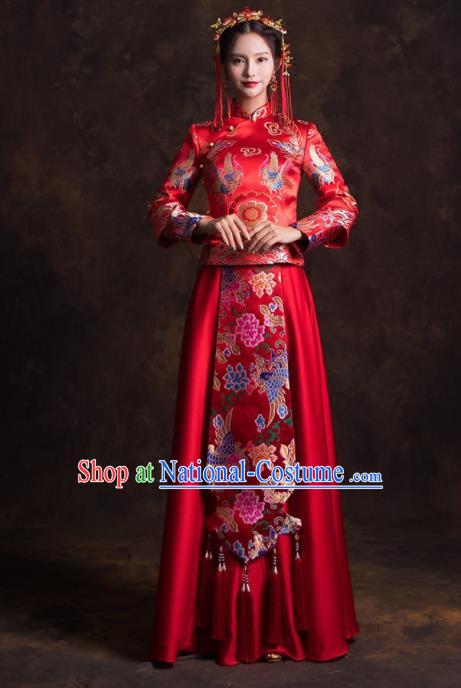 Chinese Traditional Red Satin Xiuhe Suits Ancient Bride Embroidered Wedding Dress for Women