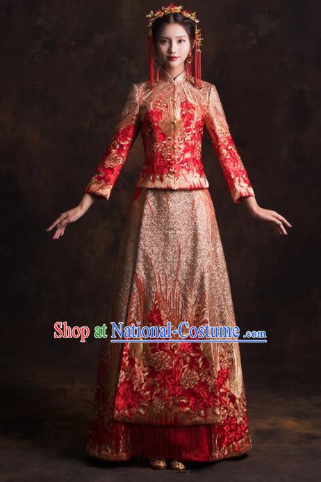 Chinese Traditional Golden Phoenix Xiuhe Suits Ancient Bride Embroidered Wedding Dress for Women