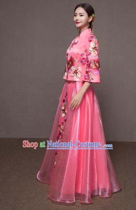 Chinese Traditional Embroidered Wedding Costumes Pink Xiuhe Suits Ancient Bride Dress for Women