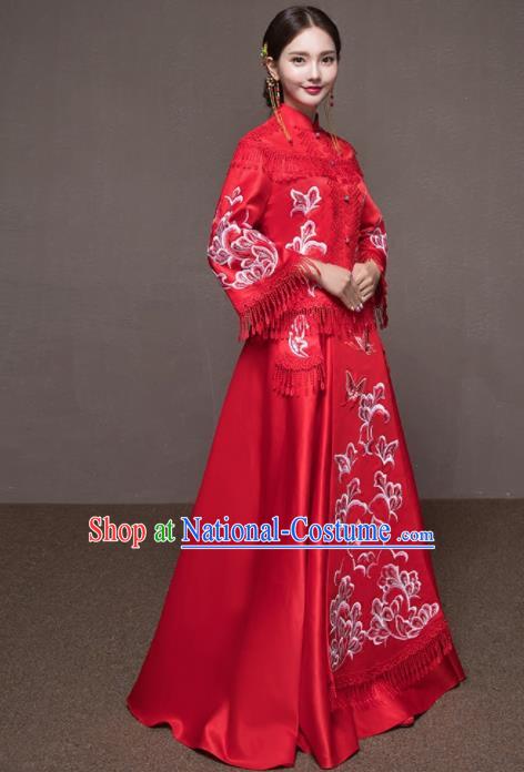 Chinese Traditional Embroidered Wedding Costumes Red Tassel Xiuhe Suits Ancient Bride Dress for Women