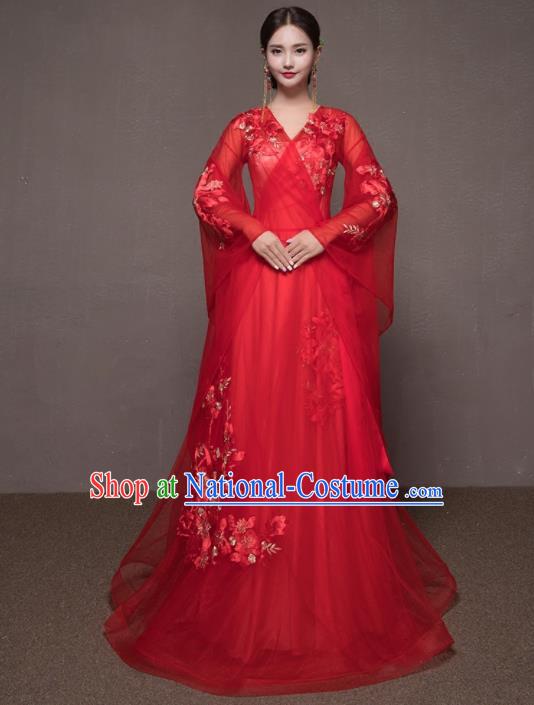 Chinese Traditional Embroidered Wedding Costumes Ancient Bride Red Veil Dress for Women