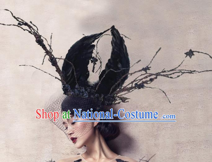 Top Grade Halloween Hair Accessories Gothic Catwalks Black Feather Top Hat for Women