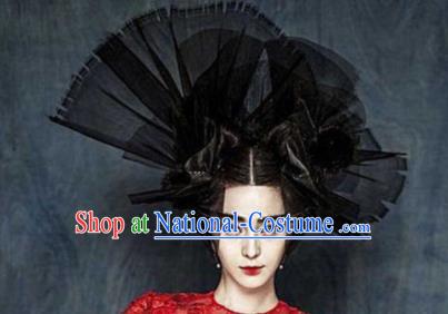 Top Grade Halloween Hair Accessories Gothic Catwalks Black Veil Top Hat for Women