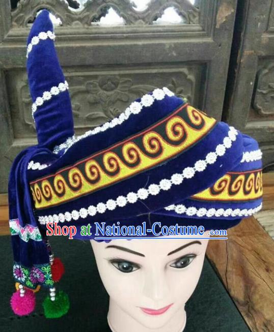 Chinese Traditional National Hat Ethnic Yi Nationality Royalblue Hat for Men