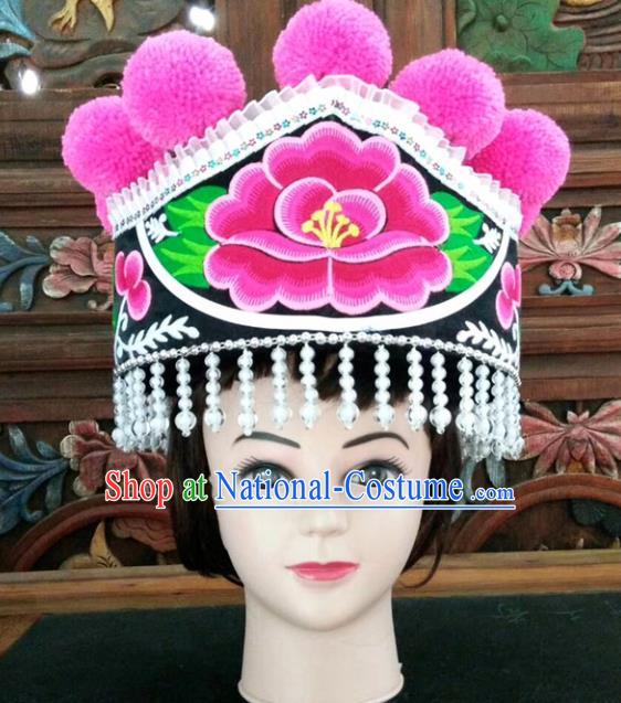 Chinese Traditional National Hat Ethnic Yi Nationality Embroidered Peony Black Hat for Women