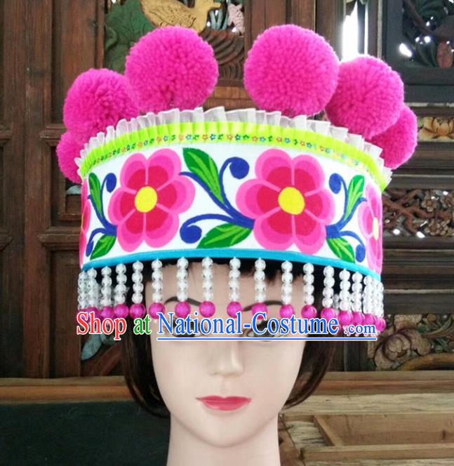 Chinese Traditional National Hat Ethnic Yi Nationality Embroidered Flowers White Hat for Women