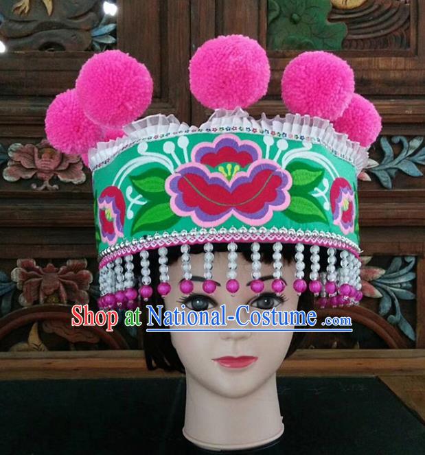 Chinese Traditional National Hat Ethnic Yi Nationality Embroidered Flowers Green Hat for Women