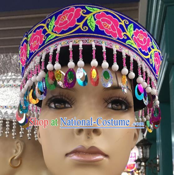 Chinese Traditional National Hat Ethnic Yi Nationality Embroidered Peony Blue Hat for Women