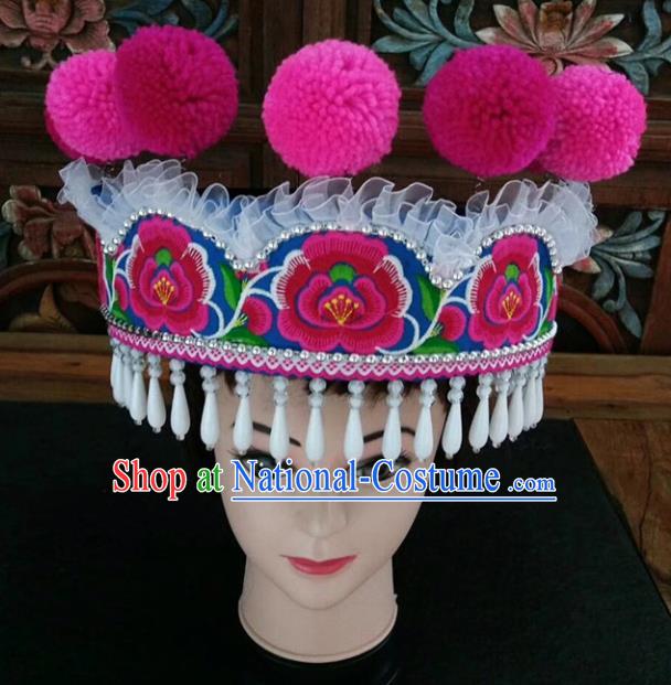 Chinese Traditional National Hat Ethnic Yi Nationality Embroidered White Tassel Hat for Women