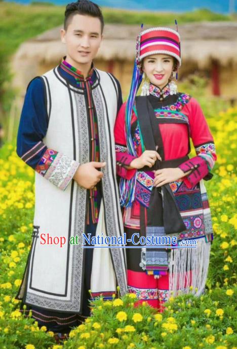 Chinese Traditional National Ethnic Wedding Costumes Yi Nationality Bride and Bridegroom Embroidered Clothing