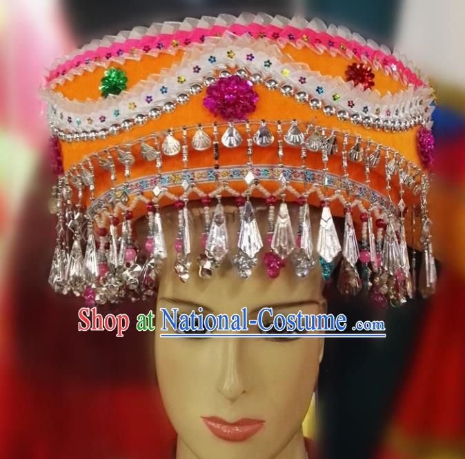 Chinese Traditional National Hat Ethnic Miao Nationality Orange Hat for Women