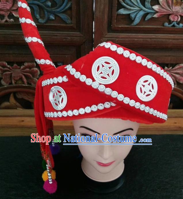 Chinese Traditional National Red Hat Ethnic Yi Nationality Hat for Men