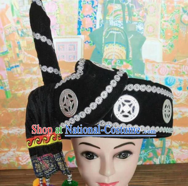 Chinese Traditional National Black Hat Ethnic Yi Nationality Hat for Men