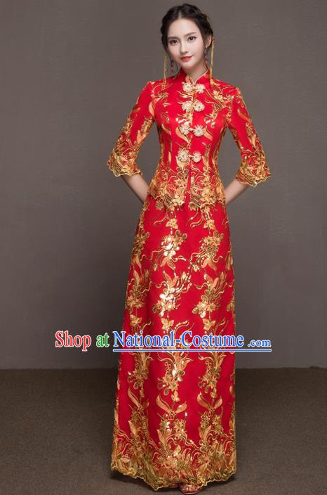 Chinese Traditional Wedding Costumes Ancient Bride Embroidered Red Dress for Women