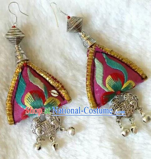 Chinese Traditional National Ear Accessories Ethnic Embroidered Pink Earrings for Women