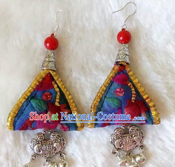 Chinese Traditional National Ear Accessories Ethnic Embroidered Blue Earrings for Women