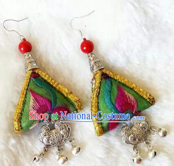 Chinese Traditional National Ear Accessories Ethnic Embroidered Green Earrings for Women