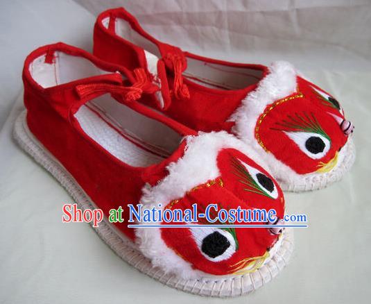 Asian Chinese Traditional Hanfu Shoes Ethnic Red Cloth Tiger Head Shoes for Women