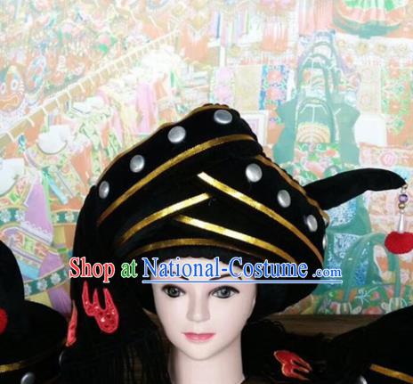 Chinese Traditional National Hat Ethnic Yi Nationality Black Hat for Men