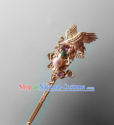 Asian Chinese Traditional Hair Accessories Ancient Hanfu Golden Crane Hairpins for Women