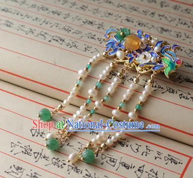 Asian Chinese Traditional Hanfu Hair Accessories Pearls Tassel Hair Sticks Ancient Palace Blueing Hairpins for Women