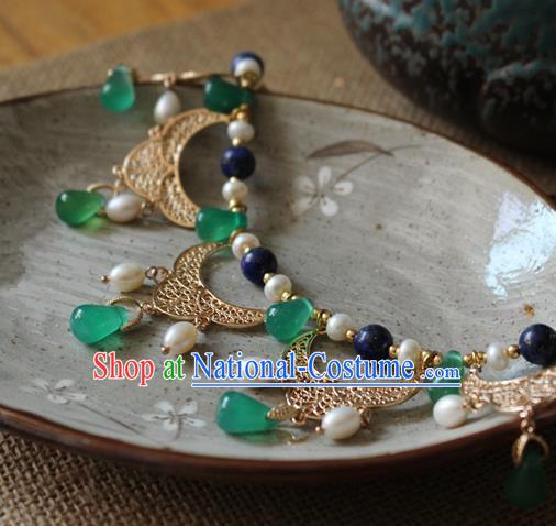 Asian Chinese Traditional Jewelry Accessories Ancient Hanfu Green Beads Necklace for Women