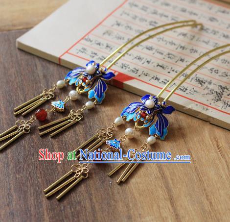 Asian Chinese Traditional Hanfu Cloisonne Tassel Hair Clip Ancient Palace Hairpins for Women