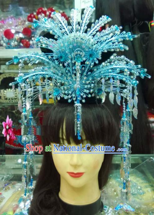 Chinese Classical Hair Accessories Traditional Ancient Beijing Opera Blue Phoenix Coronet for Women