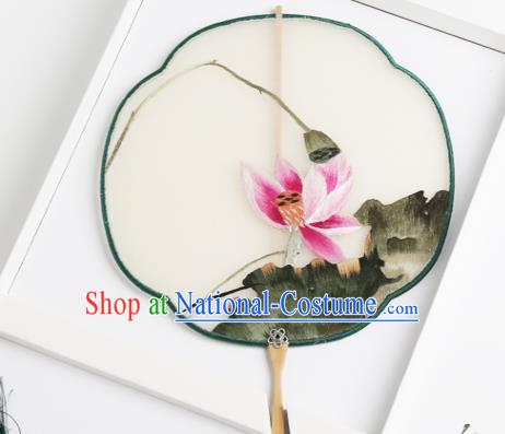 Traditional Chinese Crafts Palace Fans Silk Round Fans Ancient Princess Embroidered Pink Lotus Fan for Women