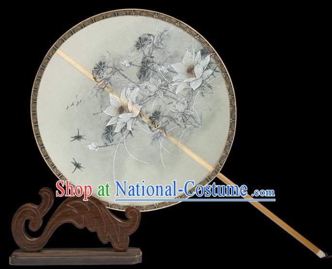 Traditional Chinese Crafts Palace Fans Printing White Lotus Round Fans Ancient Silk Fan for Women