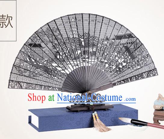 Chinese Traditional Crafts Sandalwood Folding Fans Pierced Tiger Hill Fans Accordion Fan