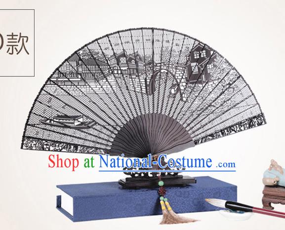 Chinese Traditional Crafts Sandalwood Folding Fans Pierced Jiangnan Watertown Fans Accordion Fan