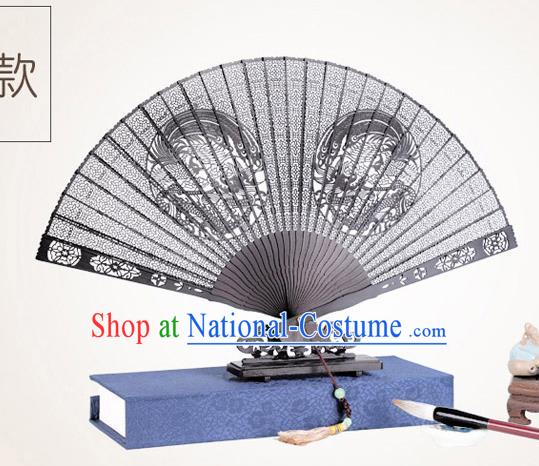 Chinese Traditional Crafts Sandalwood Folding Fans Pierced Dragon Phoenix Fans Accordion Fan