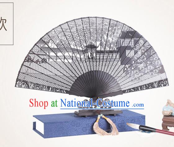 Chinese Traditional Crafts Sandalwood Folding Fans Pierced Suzhou Garden Fans Accordion Fan