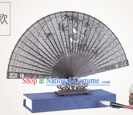 Chinese Traditional Crafts Sandalwood Folding Fans Pierced Cranes Fans Accordion Fan