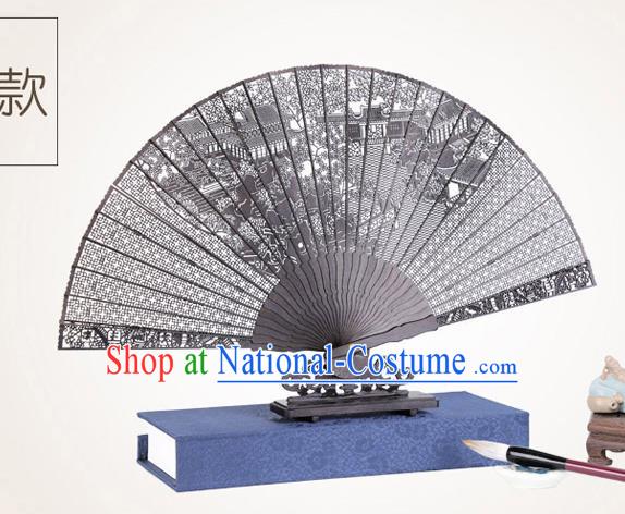 Chinese Traditional Crafts Sandalwood Folding Fans Pierced Zhuozheng Garden Fans Accordion Fan