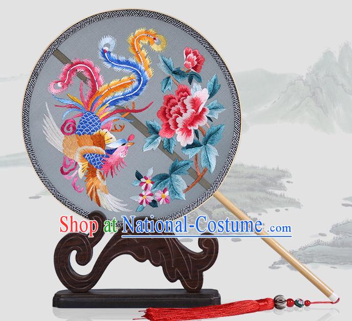 Traditional Chinese Crafts Palace Fans Embroidered Phoenix Peony Round Fans Ancient Silk Fan for Women