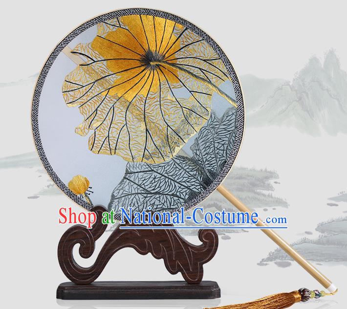 Traditional Chinese Crafts Palace Fans Embroidered Lotus Leaf Round Fans Ancient Silk Fan for Women