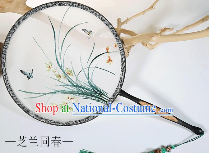 Traditional Chinese Crafts Palace Fans Embroidered Orchid Round Fans Ancient Silk Fan for Women