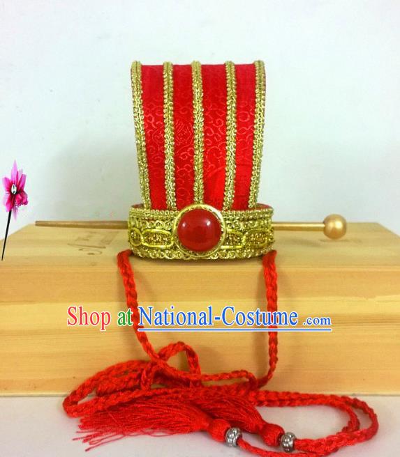 Chinese Traditional Hanfu Headdress Ancient Bridegroom Red Hairdo Crown for Men