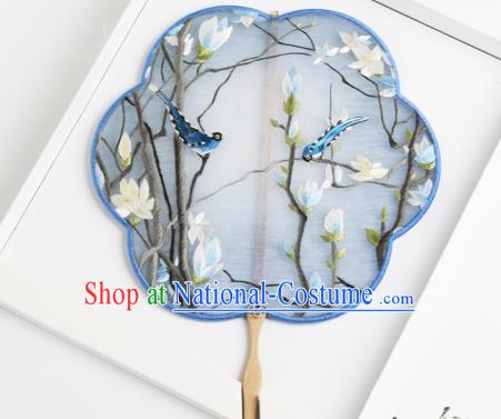 Traditional Chinese Crafts Palace Fans Blue Round Fans Ancient Princess Embroidered Magnolia Fan for Women