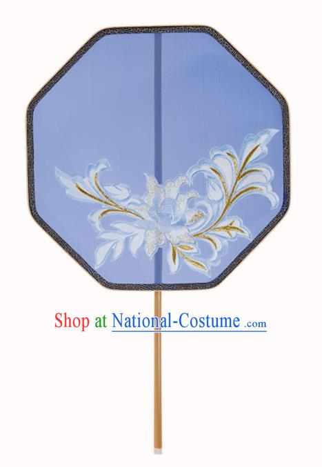 Traditional Chinese Crafts Palace Fans Embroidered Blue Fans Ancient Silk Fan for Women