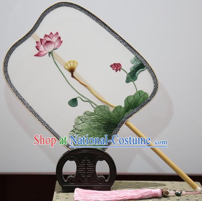 Traditional Chinese Crafts Palace Fans Embroidered Lotus Palm Leaf Fans Ancient Silk Fan for Women