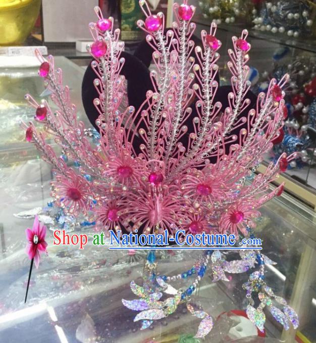 Chinese Classical Princess Hair Accessories Traditional Ancient Beijing Opera Pink Phoenix Coronet for Women