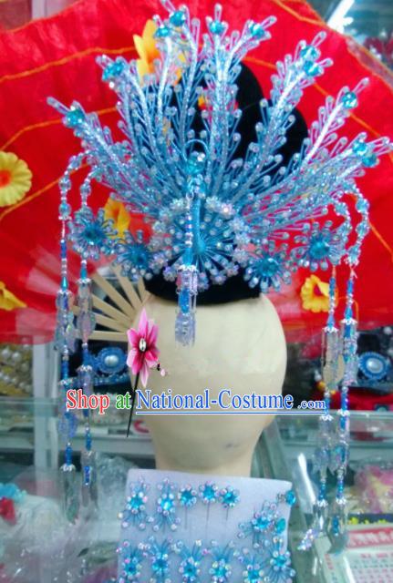 Chinese Classical Beijing Opera Princess Hair Accessories Traditional Ancient Blue Phoenix Coronet for Women